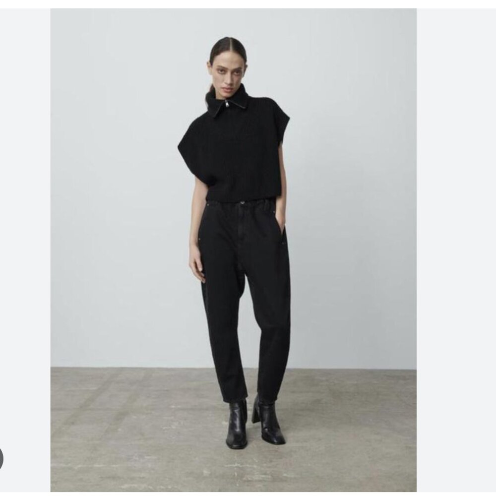 ZARA  / Paperbag Baggy Barrel Leg Jeans - Black - 2